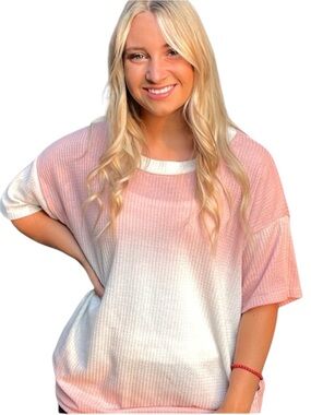 Impressions Waffle Knit Weave Short Sleeve Shirt Pink White Small